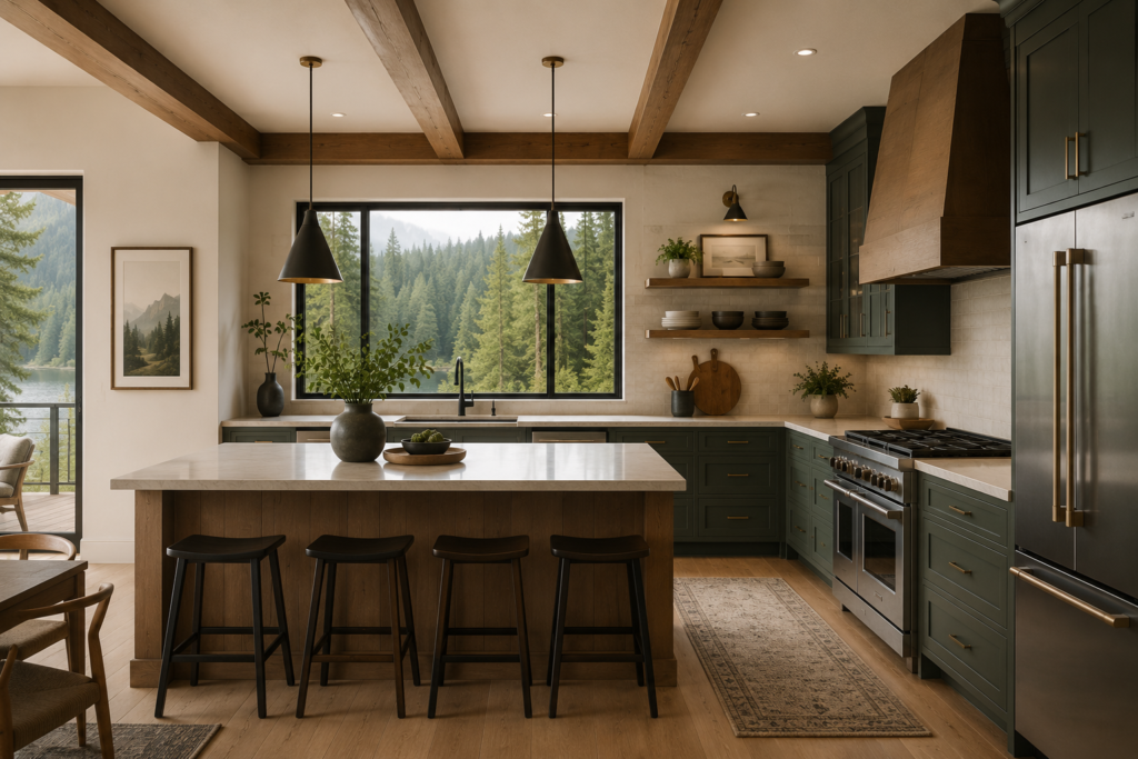 Pacific Northwest-inspired kitchen remodel with dark green cabinetry, exposed wood ceiling beams, white quartz island, black pendant lighting, stainless steel appliances, and expansive windows overlooking a forested mountain landscape.